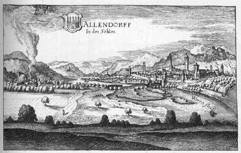 Kupferstich der Stadt Allendorf mit Werra und Stadtmauer, aus Merians Topographia